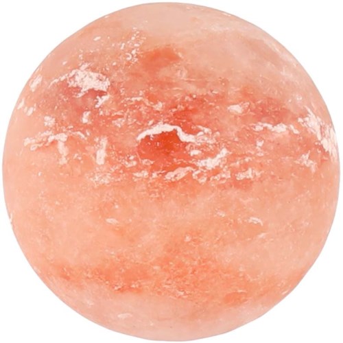 A pink, round salt lamp with a rough, textured surface.
