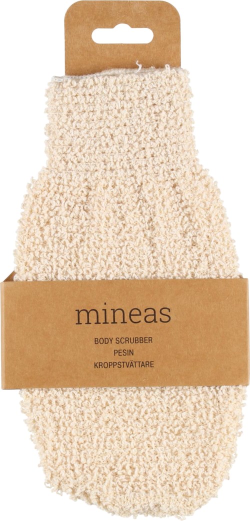 En beige, fluffig kroppsskrubb av Mineas, i förpackning med ett kartonglock och etikett.