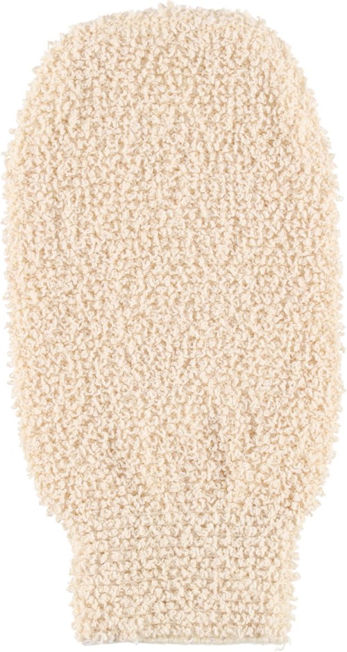 En mysig, krämfärgad, lurvig toffla med mjuk, luddig textur och stängd tådesign.