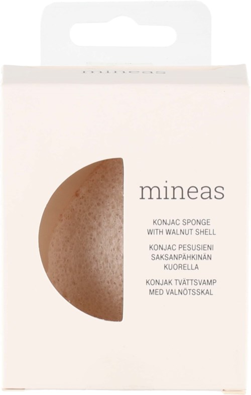 En hvit eske inneholder en konjacsvamp med valnøttskall-design, merket "mineas" og beskrivelse på flere språk.