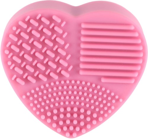 Roze hartvormige siliconen wasbord met verschillende textured zones voor reiniging.