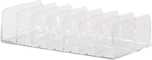 A clear acrylic display stand with multiple slots for holding items upright.