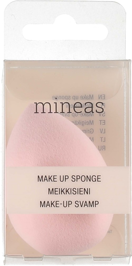 Pehmeä vaaleanpunainen meikkimuna läpinäkyvässä muovipakkauksessa, jossa nimi ja tuotteen kuvaus.