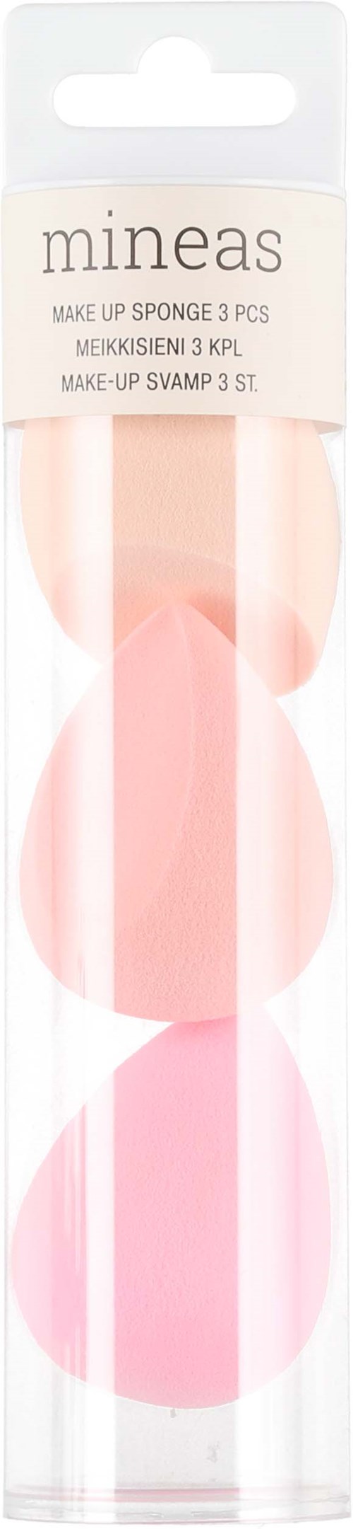 Three makeup sponges in pink shades, in clear packaging with label reading 'mineas' and product details.