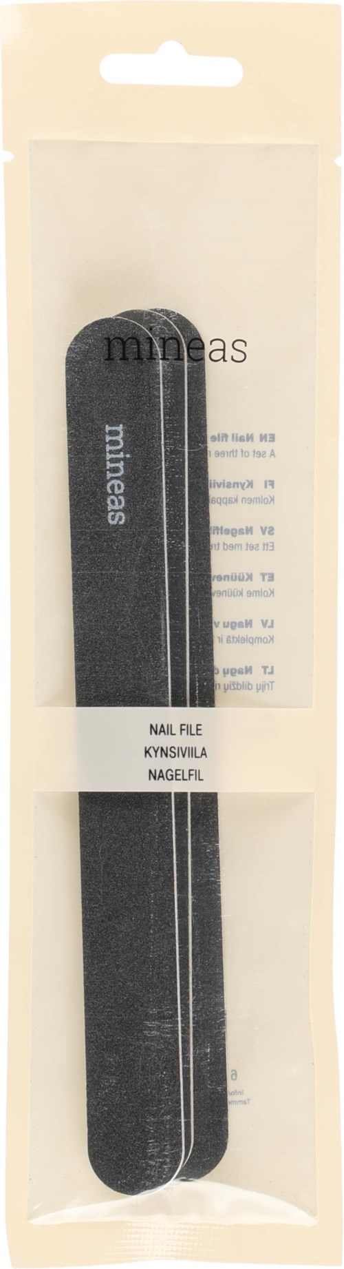 En svart neglefil i emballasje, merket 'minéas', med en hvit stripe nedover midten.