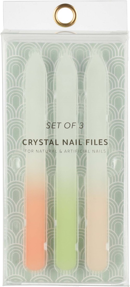 A set of three colorful crystal nail files in a clear packaging with pastel shades and decorative background.