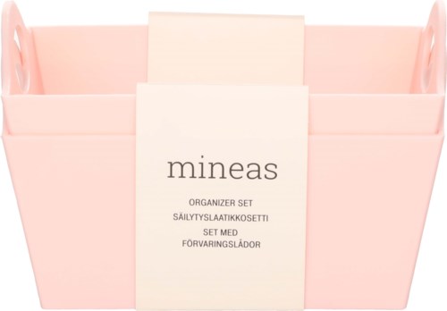 Ett rosa organiseringsset med flera fack och en etikett som visar märket Mineas.