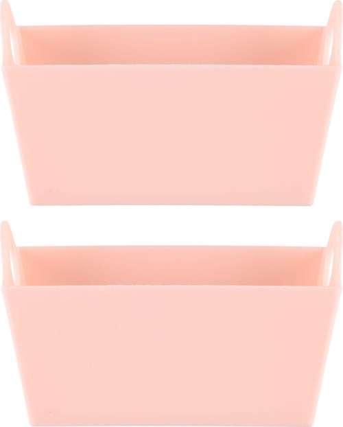 Två rosa förvaringslådor i rektangulär form med öppna överdelar, staplade ovanpå varandra.