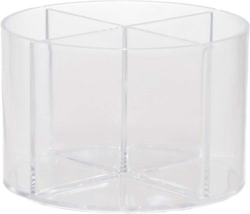 A clear plastic container with a rounded shape and four compartments inside.