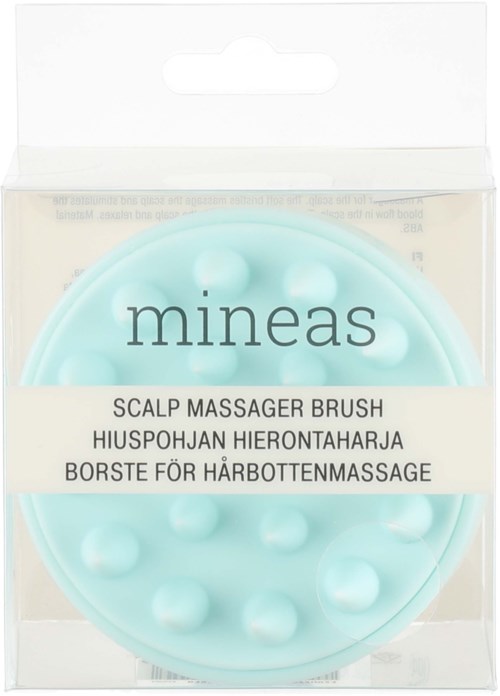 A teal scalp massager brush in clear packaging with brand name 'mineas' and multiple massage nodules.