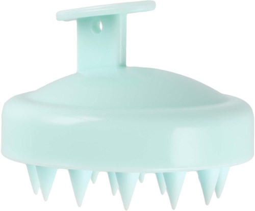 A light blue or green plastic massager with multiple small spikes. It has a handle for holding and a flat top.