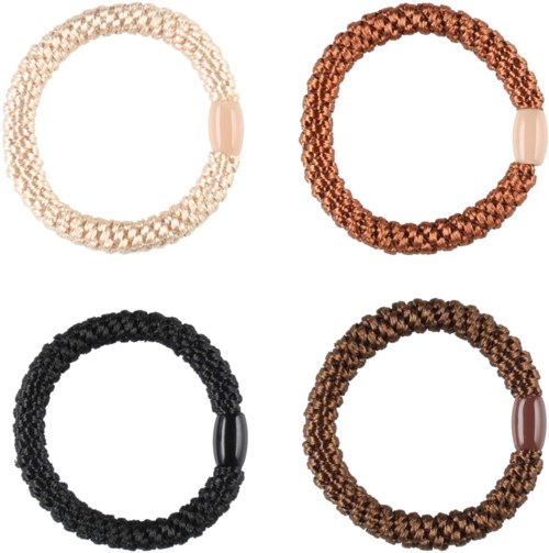 Four braided hairbands in different colors: beige, copper, black, and brown, each with a clasp on one side.