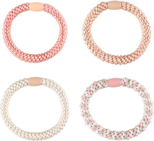 Four elastic hairbands in pink, beige, white, and multicolor with woven designs. Simple, stretchy, and decorative accessories.