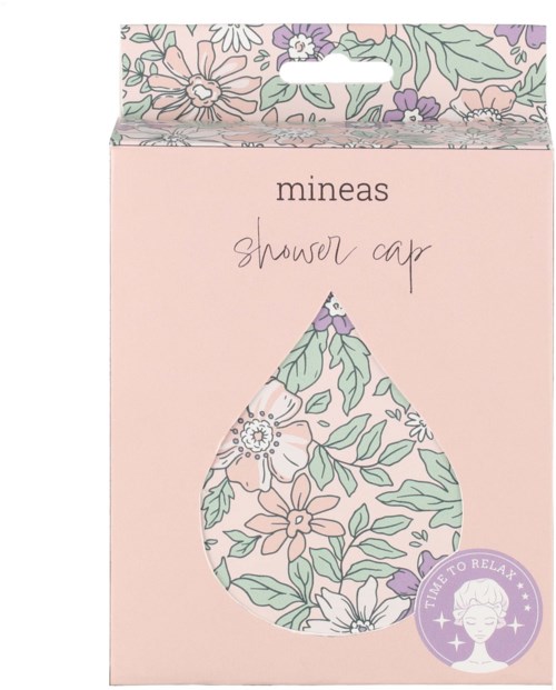A shower cap in pink packaging with floral patterns and a round logo that says 'Time to relax'.