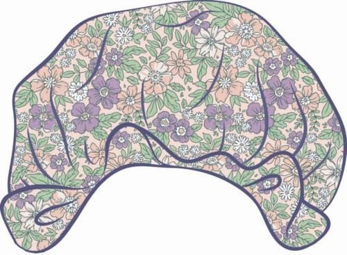 A floral patterned scarf with yellow, purple, and pink flowers and green leaves, shaped like a headscarf.