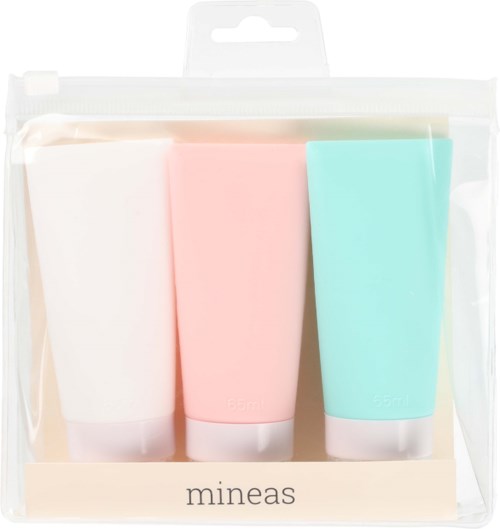 Three colorful tubes in a clear bag labeled 'mineas'.