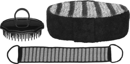 A grooming set with a brush, a thick band, and a strap for cleaning or grooming pets.