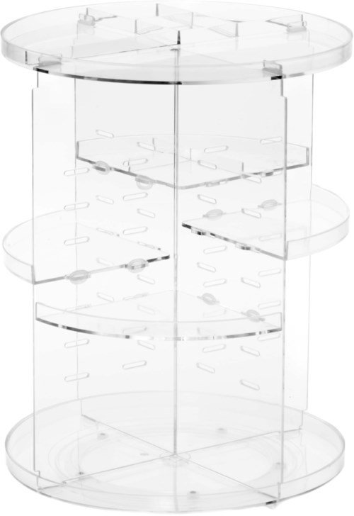 En klar plastdisplaysokkel med flere hyller i en rund form.