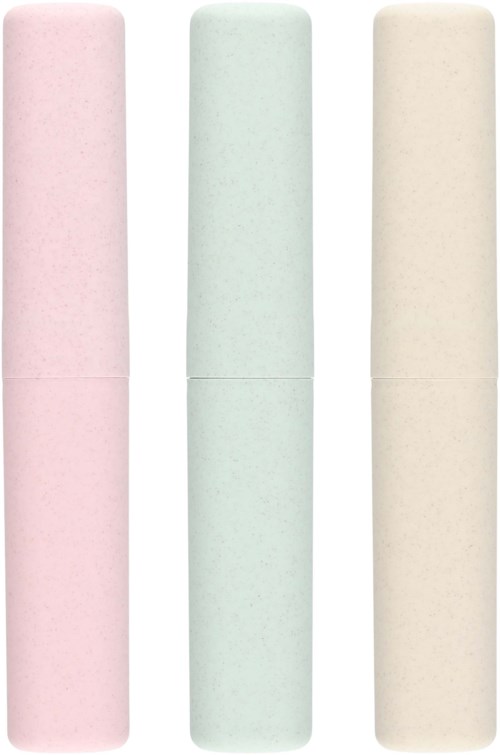 Three cylindrical chalk sticks in pink, light green, and white colors.