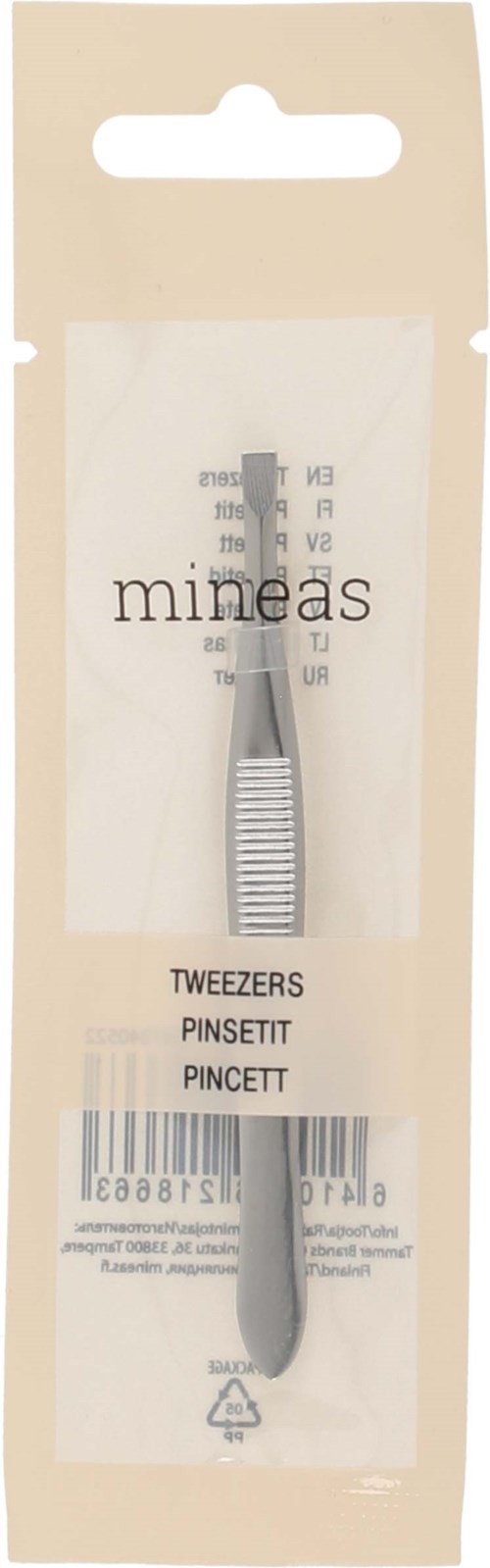 Ett par rostfria pincetter i ett genomskinligt paket med märket "mineas". Paketet är beige med en hake för upphängning.