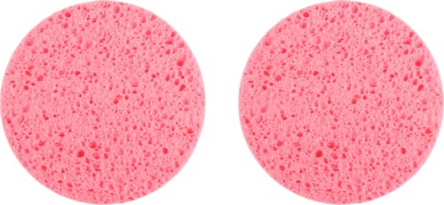 Two pink, round, porous sponges of different sizes on a white background.