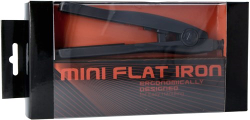 Titasin terä, musta kahva ja johto, laatikkossa nimeltä Mini Flat Iron, ergonomisesti suunniteltu.