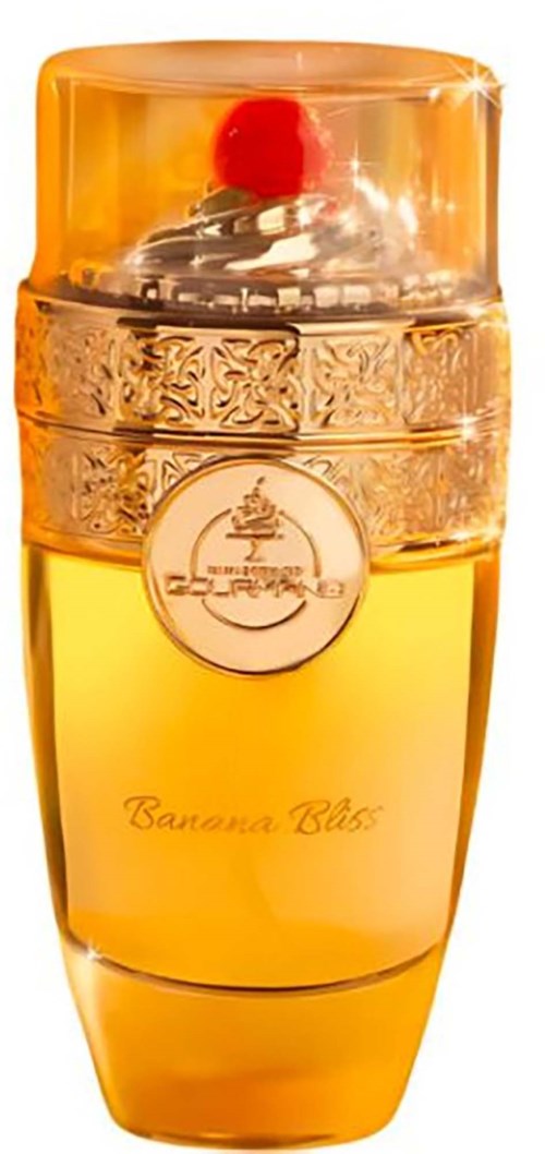 A yellow perfume bottle with a red cherry on top and ornate gold accents, labeled Banana Bliss.