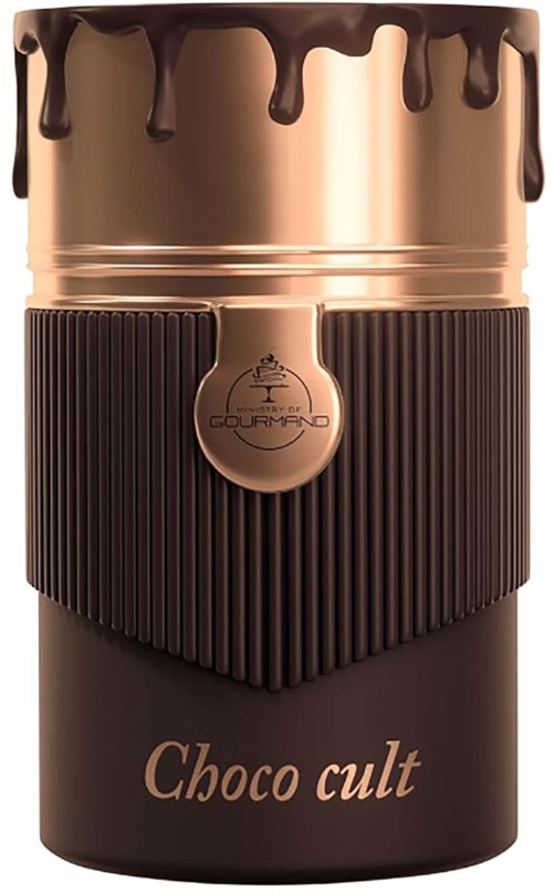 Een zwarte container met een bruin deksel met chocoladestukjes bovenop. De container zegt "Choco cult".