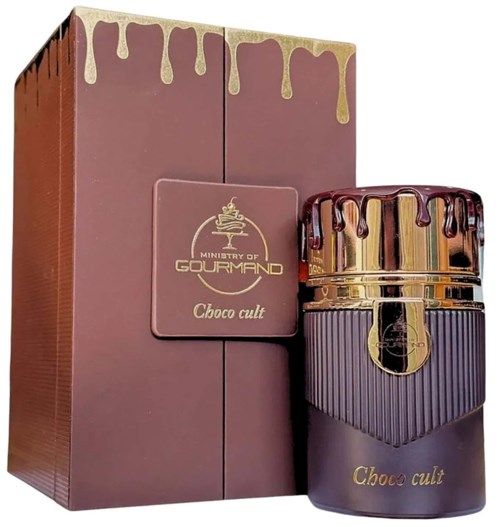 Een chocolade-gedachte geschenkset met een doos en een kleine pot labels 'Choco cult', beiden met goud- en bruin ontwerp.