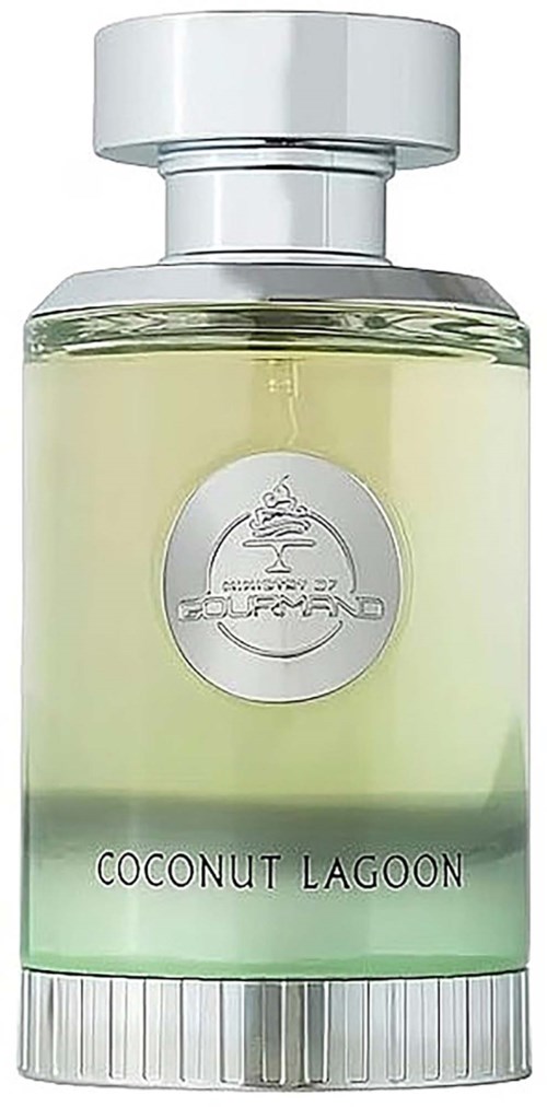 Een parfumfles met zilveren dop, doorzichtig glas en een label met 'Coconut Lagoon' en een logo.