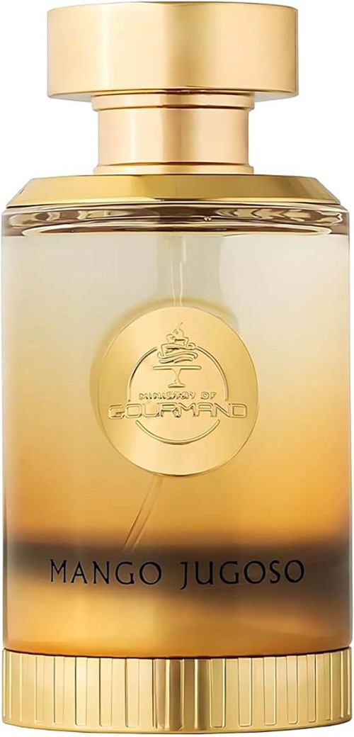 Een parfumfles met een gouden dop en etiket, met de naam Mango Jugoso, ontworpen in elegante gouden en transparante kleuren.