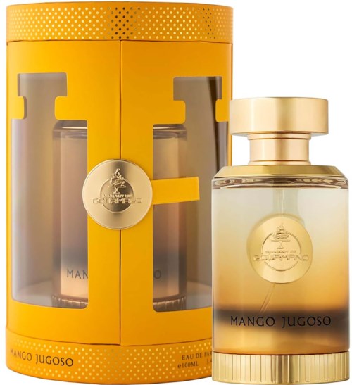 Een gele doos met twee parfumflesjes erin en een grote fles buiten met het label Mango Jugoso.