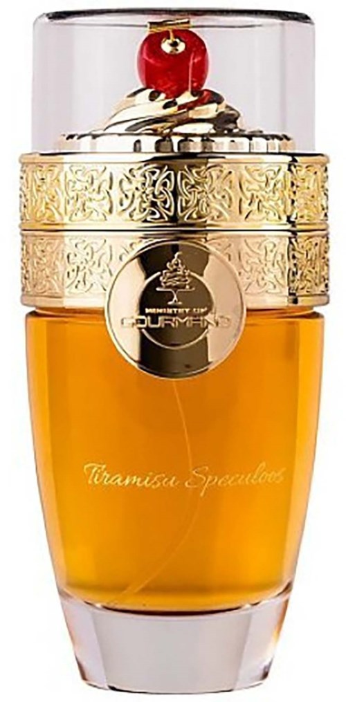 A perfume bottle with a gold and clear design, topped with a red cherry and cream swirl, has elegant text.