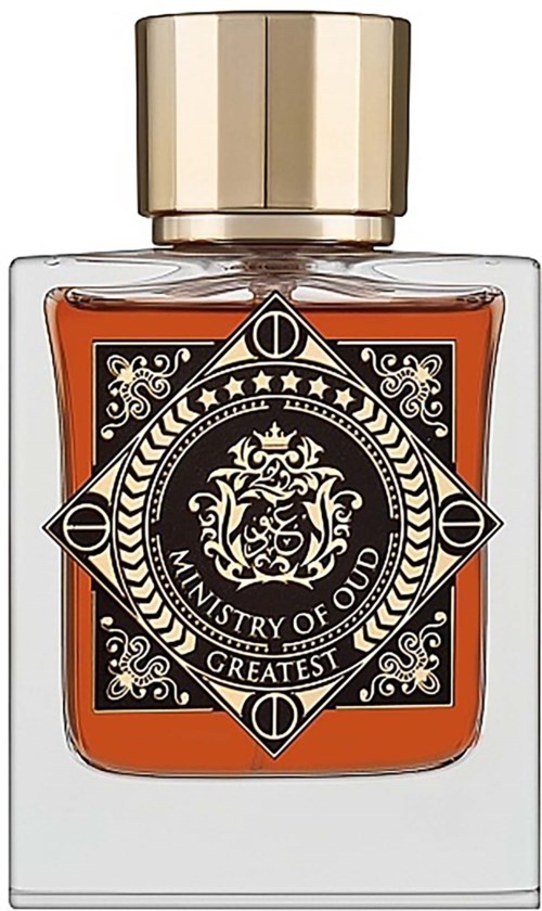 Een parfumfles met een gouden dop, oranje vloeistof en een gedetailleerd zwart-wit label met een leeuwenembleem.