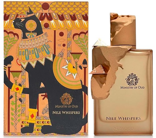 Luxe parfumflesjes en sierlijke verpakkingen met een woestijnthema, goud, bruin en Egyptisch geïnspireerde ontwerpen.