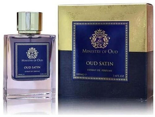 Een parfumfles en doos met 'Ministry of Oud' en 'Oud Satin,' elegant ontwerp, goud en donkerblauwe kleuren.