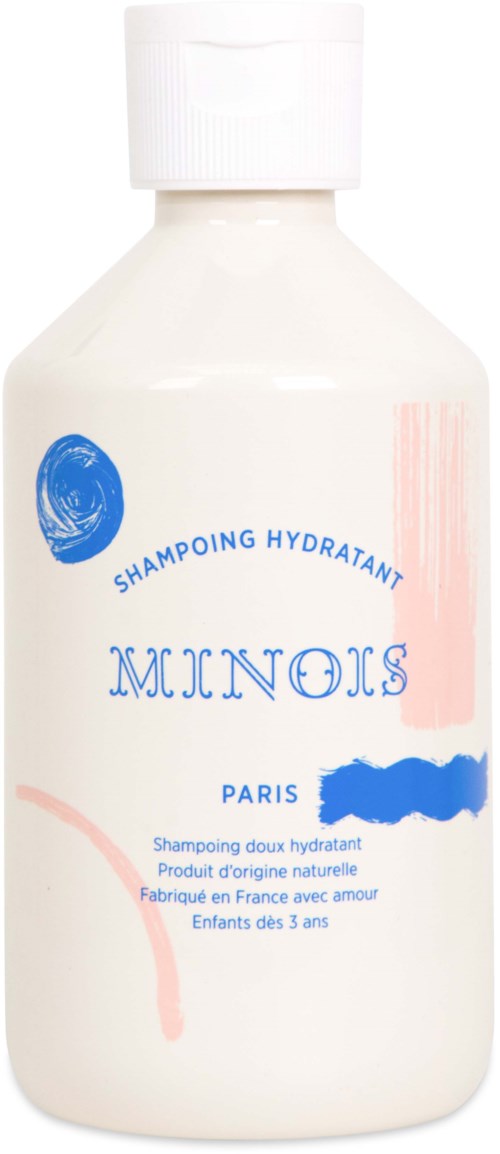 A white shampoo bottle labeled 'Minnos' with blue and pink design elements, and text in French stating it is for children.