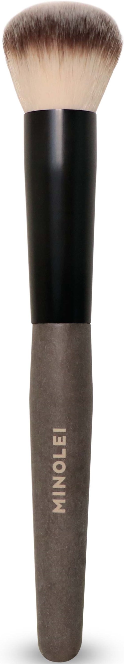 En makeupbørste med svart håndtak og beige bust, merket Minolei.