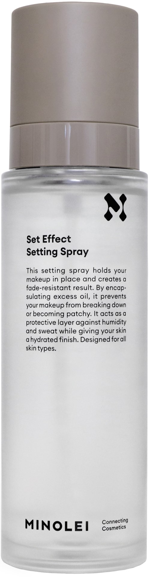 En genomskinlig flaska med beige lock, märkt 'Set Effect Setting Spray' från Minolei, för sminkfixering.