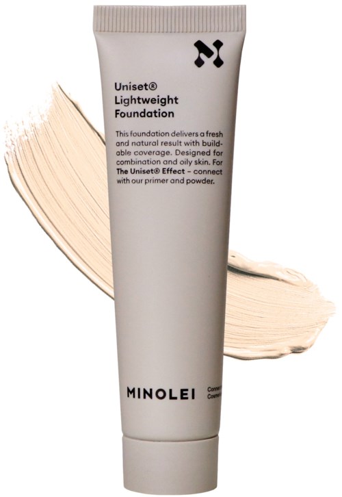 En vit tub med svart text, visar varumärket Minolei, och en beige foundation-skiss i bakgrunden.