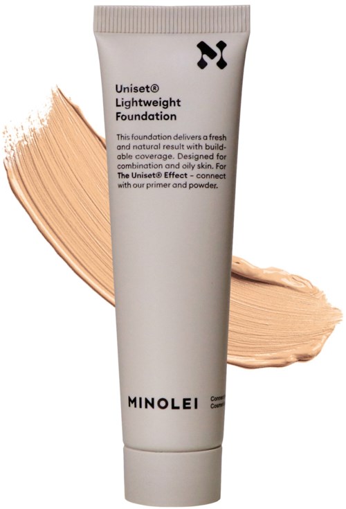 Vit tub med Minolei lättviktsgrundering med beige färg på bakgrunden och texter på tuben.