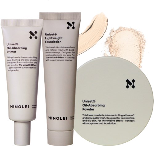Skönhetsprodukter för hud, inklusive primer, foundation, puder och provbitar.
