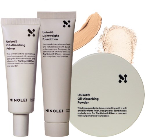 Tre hudvårdsprodukter: primer, foundation och puder, med beige och vita färger, med svart text, för makeup.