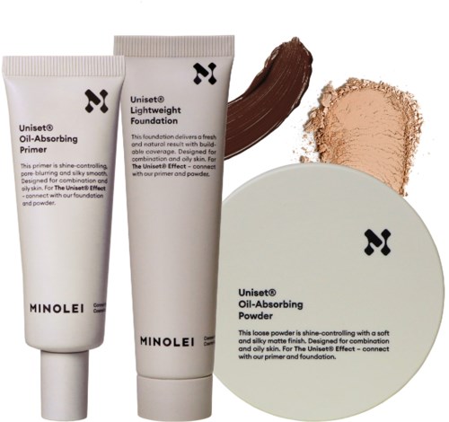 Sminkprodukter inkluderar primer, foundation, puder och ögonskugga i neutrala nyanser.
