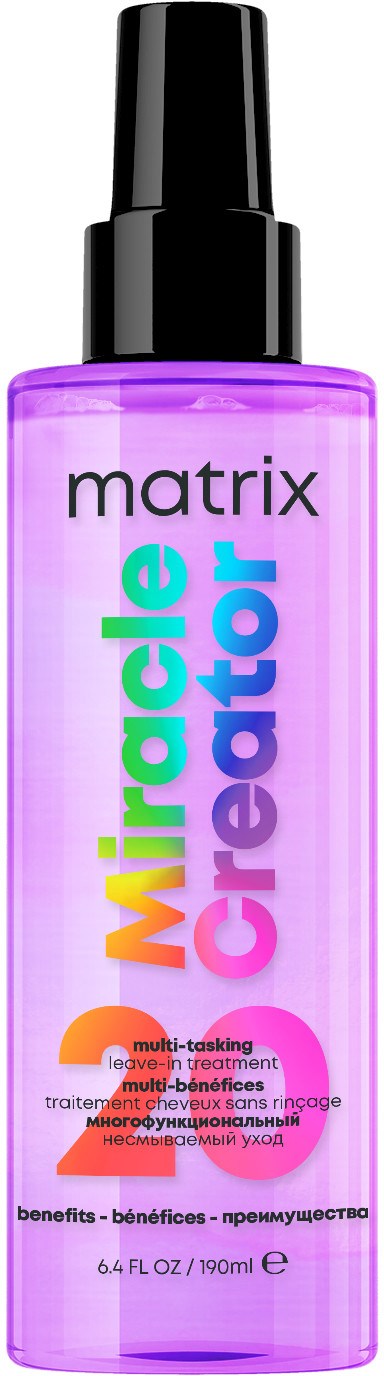 Eine lilafarbene Sprühflasche mit der Bezeichnung Miracle Creator von Matrix und schwarzem Deckel.