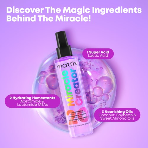Ein Hautpflegeprodukt namens Matrix Miracle Creator mit drei Inhaltsstoffen: Milchsäure, feuchtigkeitsspendende Mittel und nährende Öle.