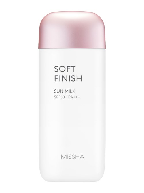 A white bottle with a pink cap, labeled "Soft Finish Sun Milk SPF50+ PA+++" by Missha.