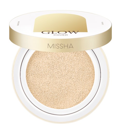A cushion foundation with a beige sponge inside, a white and gold round container, labeled 'GLOW' and 'MISSHA'.