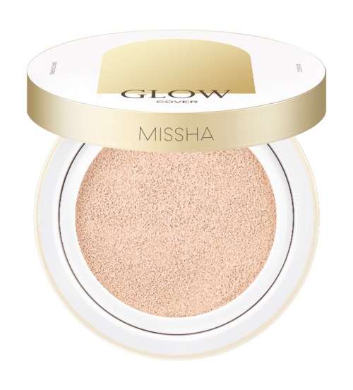 A round makeup product labeled 'GLOW COVER' and 'MISSHA' with a beige sponge inside.