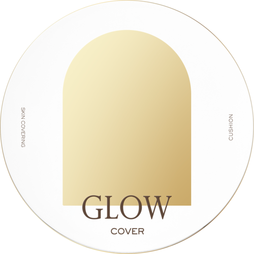 A round container with a cover, labeled 'Glow'. It mentions skin covering and cushion.